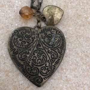 long boho heart layering antique gold necklace